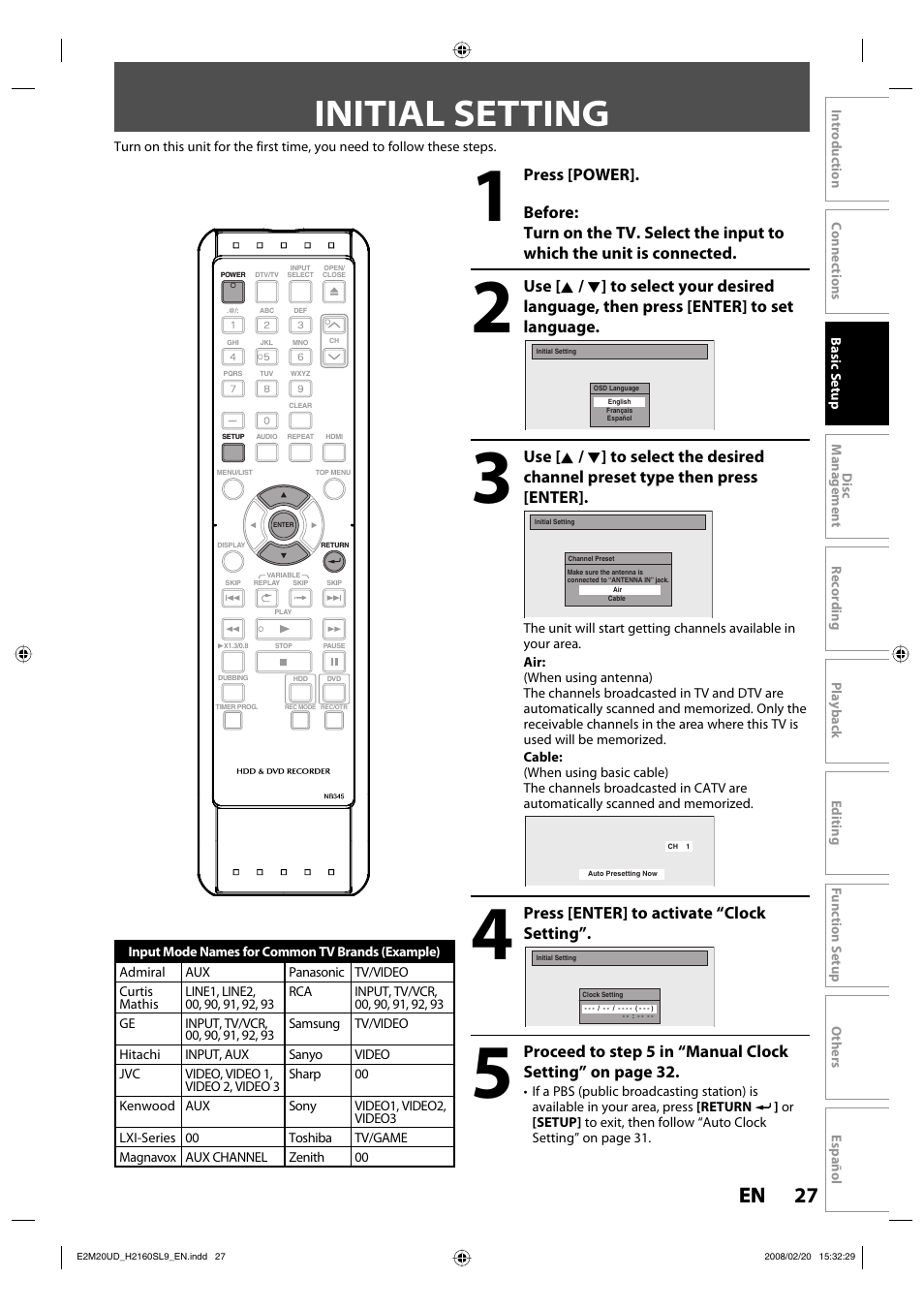Initial setting, 27 en 27 en | Sylvania H2160SL9 User Manual | Page 29 / 120
