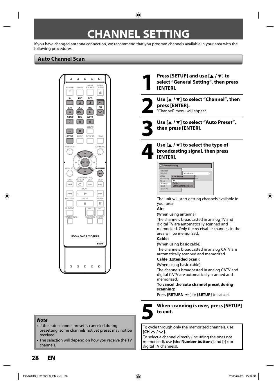 Channel setting, 28 en 28 en, Auto channel scan | Sylvania H2160SL9 User Manual | Page 30 / 120