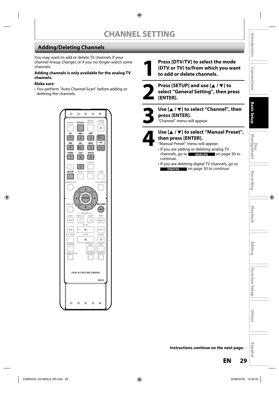 Channel setting, 29 en 29 en, Adding/deleting channels | Sylvania H2160SL9 User Manual | Page 31 / 120