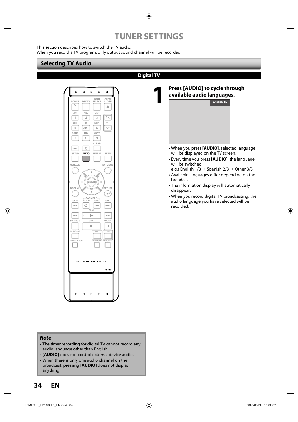 Tuner settings, 34 en 34 en, Selecting tv audio | Digital tv | Sylvania H2160SL9 User Manual | Page 36 / 120