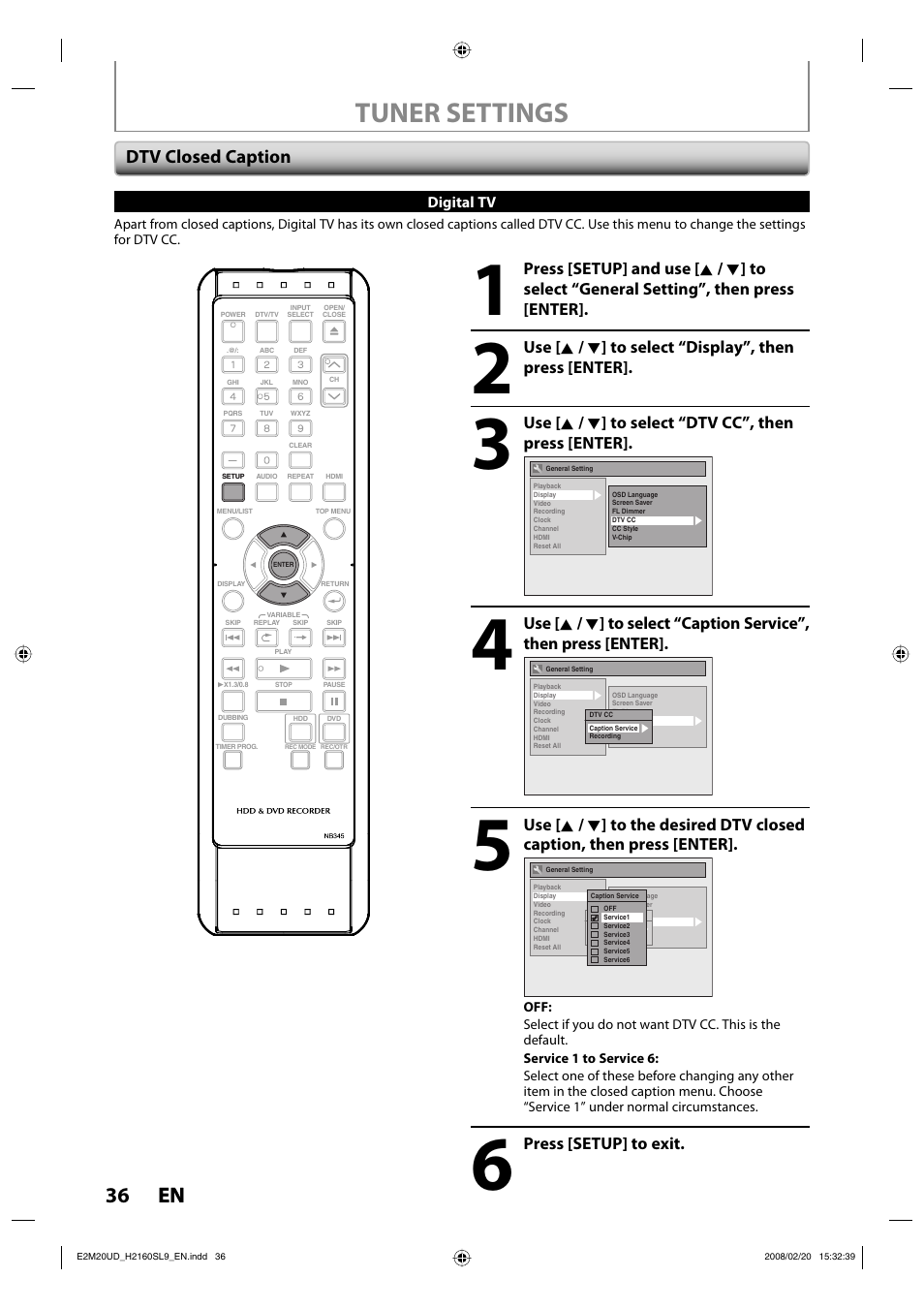 Tuner settings, 36 en 36 en, Dtv closed caption | Sylvania H2160SL9 User Manual | Page 38 / 120