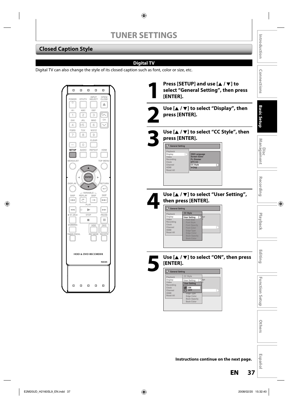 Tuner settings, 37 en 37 en, Closed caption style | Sylvania H2160SL9 User Manual | Page 39 / 120