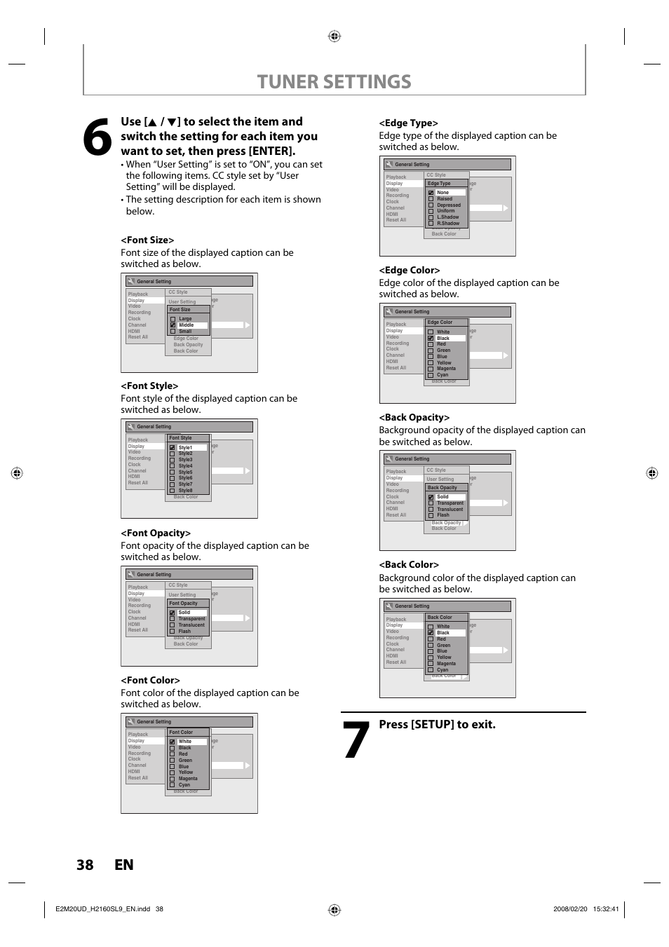 Tuner settings, 38 en 38 en, Press [setup] to exit | Sylvania H2160SL9 User Manual | Page 40 / 120