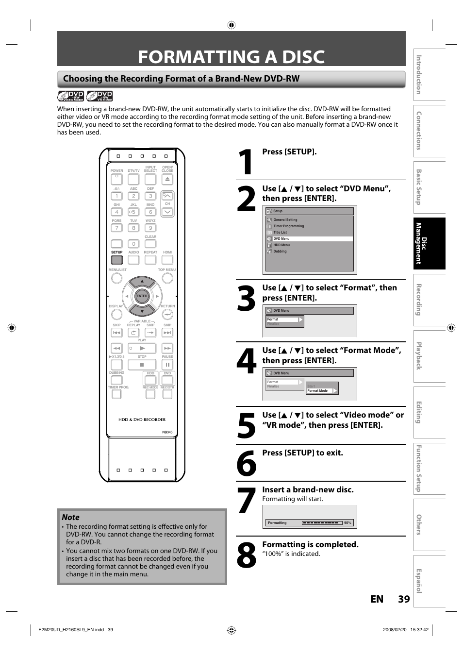 Formatting a disc, 39 en 39 en | Sylvania H2160SL9 User Manual | Page 41 / 120