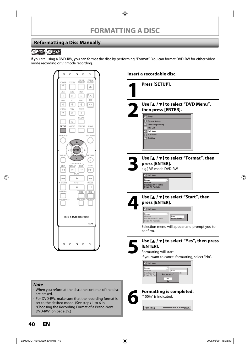 Formatting a disc, 40 en 40 en, Reformatting a disc manually | Sylvania H2160SL9 User Manual | Page 42 / 120