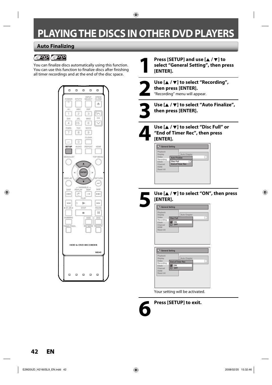 Playing the discs in other dvd players, 42 en 42 en, Auto finalizing | Sylvania H2160SL9 User Manual | Page 44 / 120