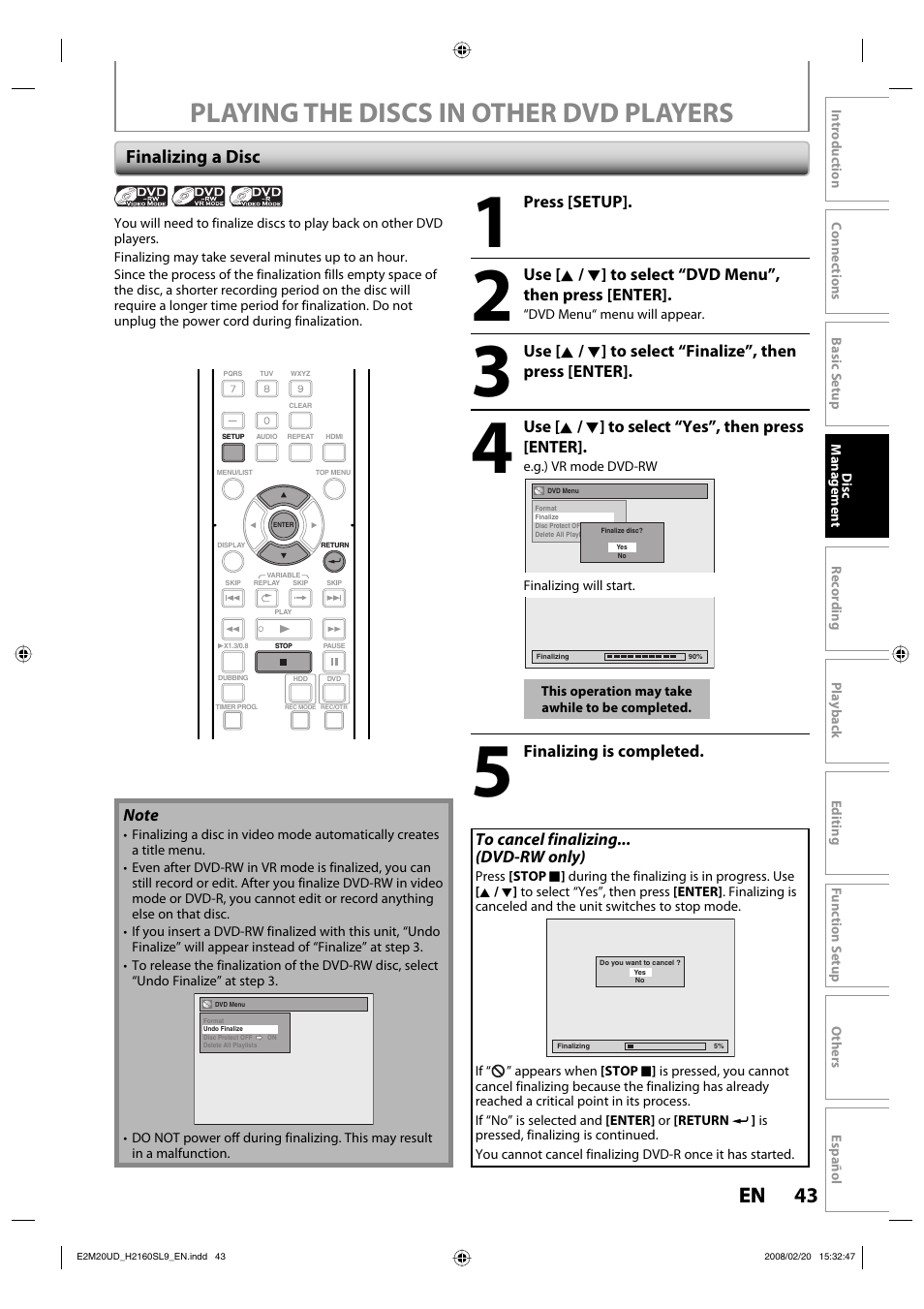 Playing the discs in other dvd players, 43 en 43 en, Finalizing a disc | Sylvania H2160SL9 User Manual | Page 45 / 120