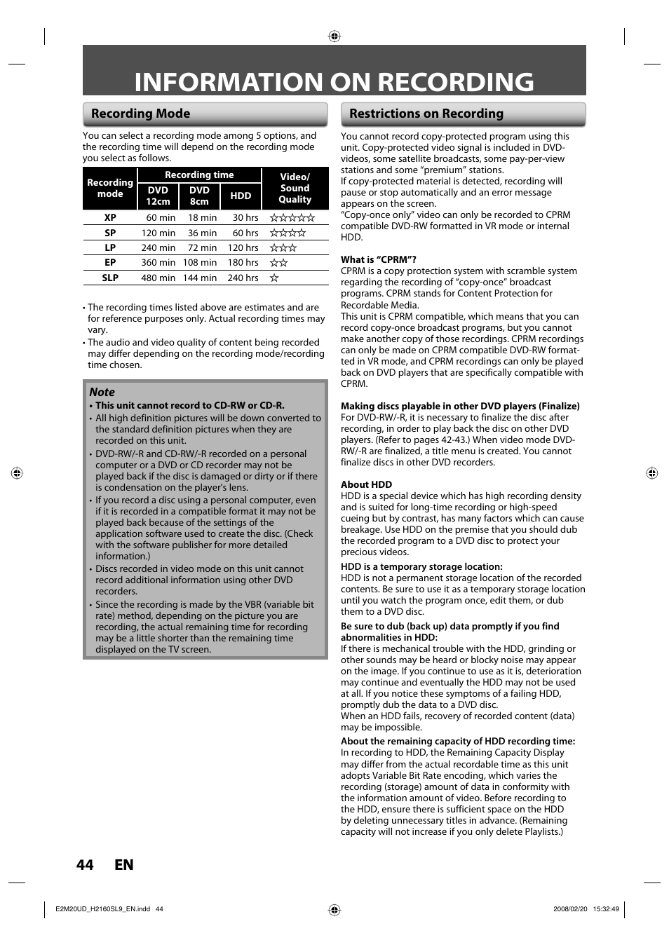 Information on recording, 44 en 44 en, Recording mode | Restrictions on recording | Sylvania H2160SL9 User Manual | Page 46 / 120