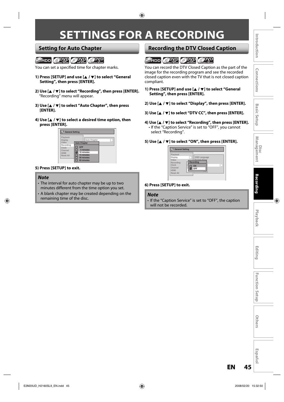 Settings for a recording, 45 en 45 en, Setting for auto chapter | Recording the dtv closed caption | Sylvania H2160SL9 User Manual | Page 47 / 120