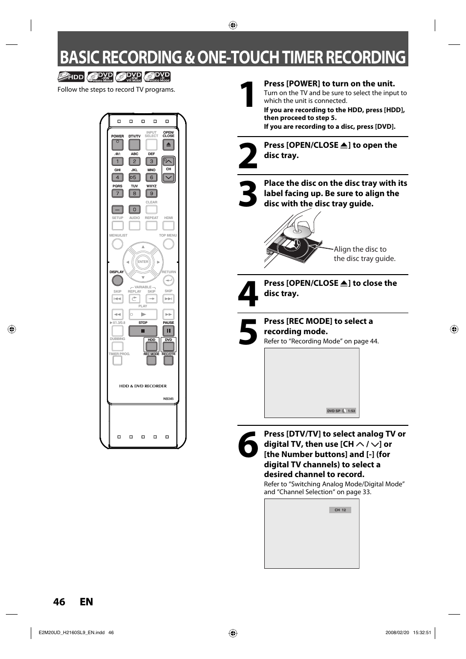 Basic recording & one-touch timer recording, 46 en 46 en | Sylvania H2160SL9 User Manual | Page 48 / 120