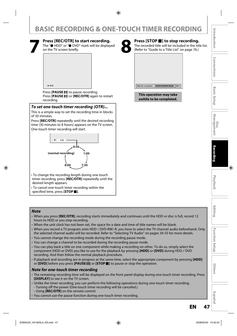 Basic recording & one-touch timer recording, 47 en 47 en | Sylvania H2160SL9 User Manual | Page 49 / 120