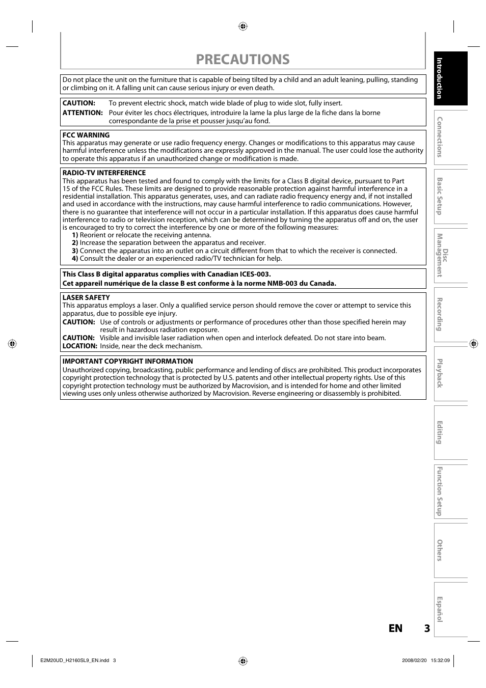 Precautions, 3en 3 en | Sylvania H2160SL9 User Manual | Page 5 / 120