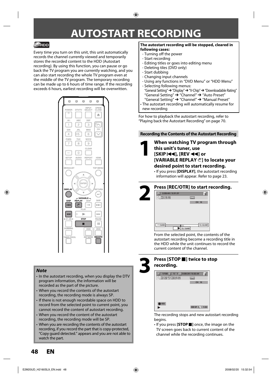 Autostart recording, 48 en 48 en, Press [rec/otr] to start recording | Press [stop c ] twice to stop recording, Recording the contents of the autostart recording | Sylvania H2160SL9 User Manual | Page 50 / 120