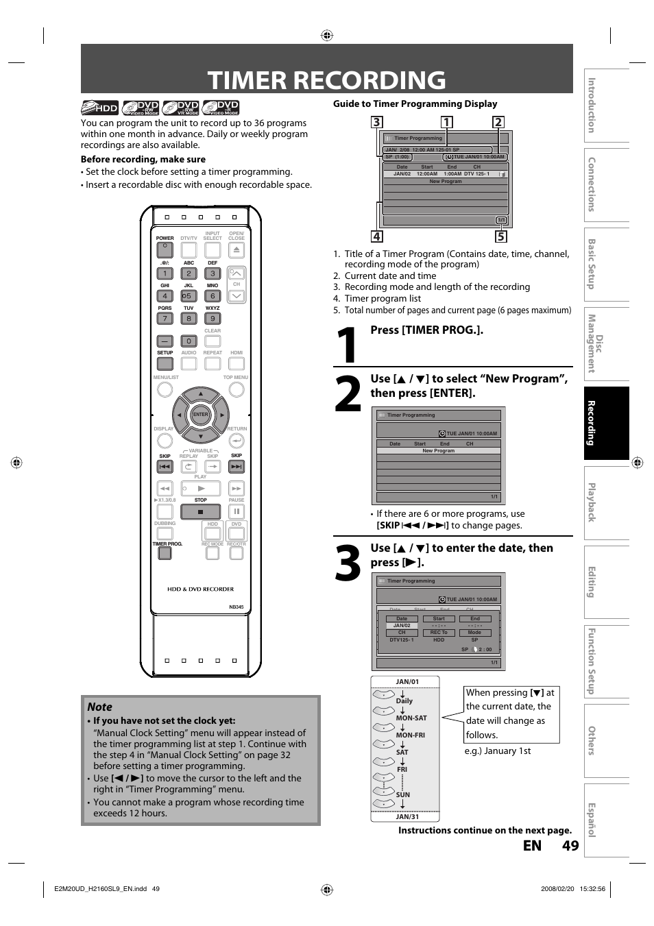 Timer recording, 49 en 49 en, Press [timer prog | Use [ k / l ] to enter the date, then press [ b | Sylvania H2160SL9 User Manual | Page 51 / 120