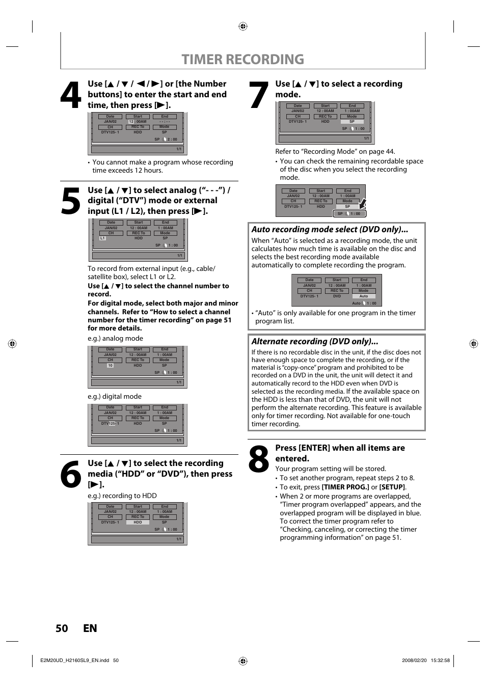 Timer recording, 50 en 50 en, Use [ k / l ] to select a recording mode | Auto recording mode select (dvd only), Alternate recording (dvd only), Press [enter] when all items are entered | Sylvania H2160SL9 User Manual | Page 52 / 120