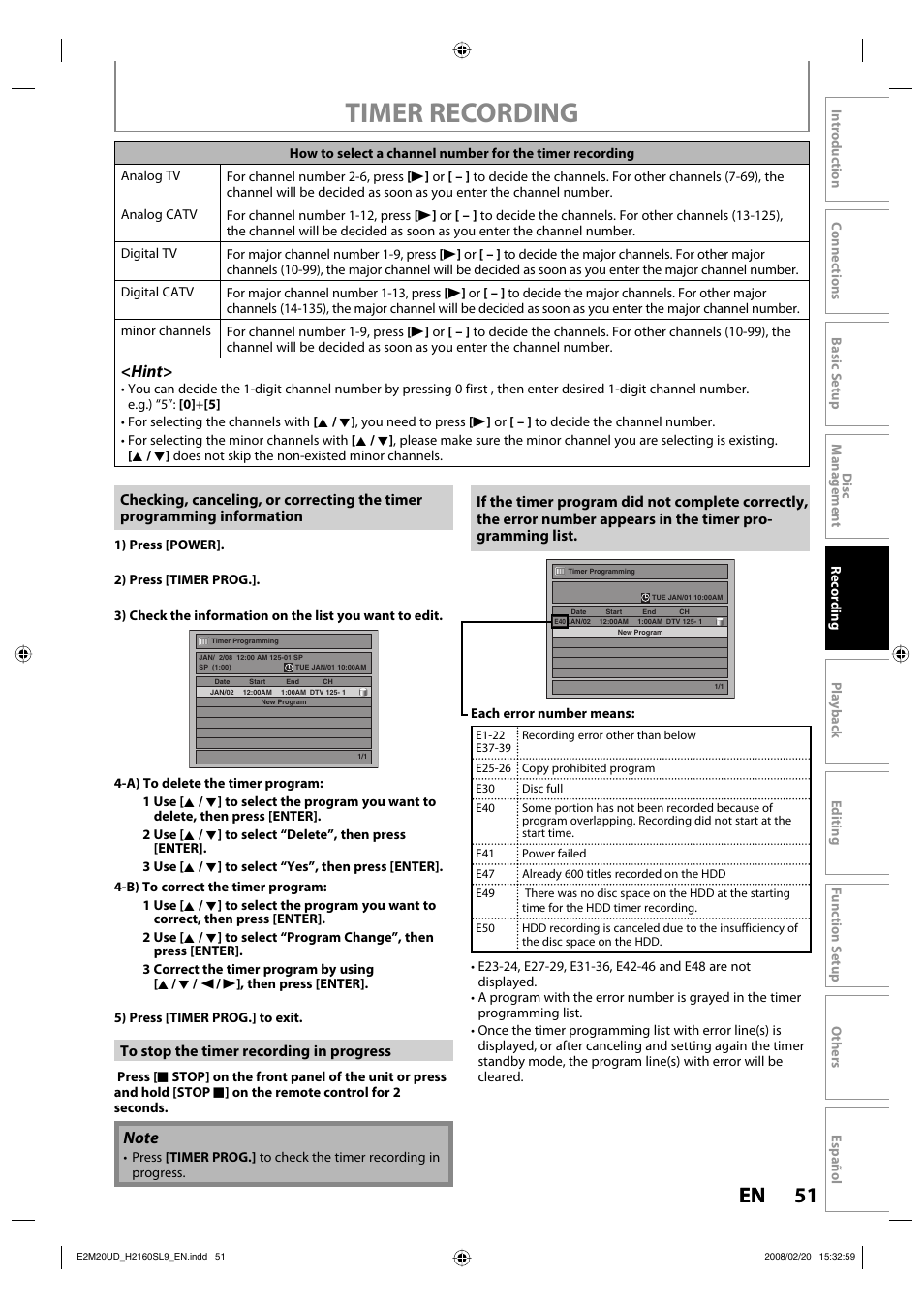 Timer recording, 51 en 51 en, Hint | Sylvania H2160SL9 User Manual | Page 53 / 120