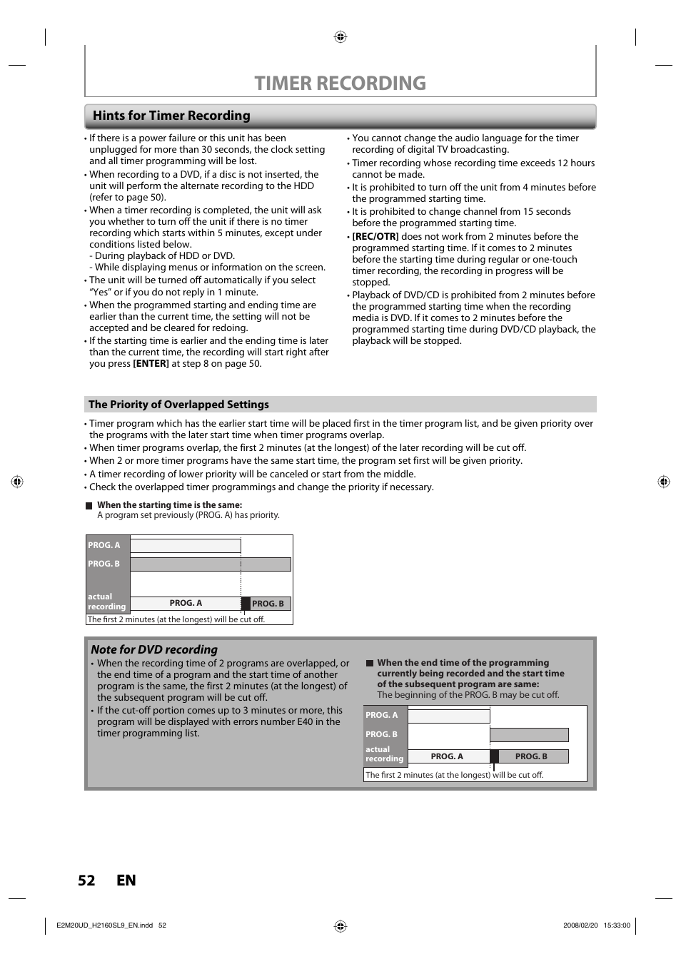 Timer recording, 52 en 52 en, Hints for timer recording | Sylvania H2160SL9 User Manual | Page 54 / 120