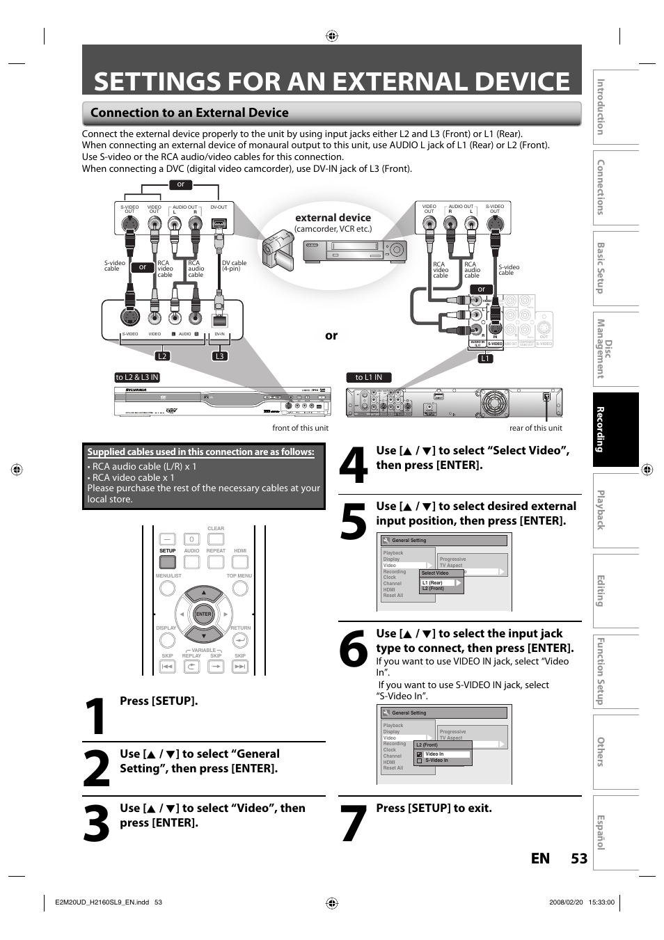 Settings for an external device, 53 en 53 en, Connection to an external device | Press [setup, Use [ k / l ] to select “video”, then press [enter, Press [setup] to exit, External device | Sylvania H2160SL9 User Manual | Page 55 / 120