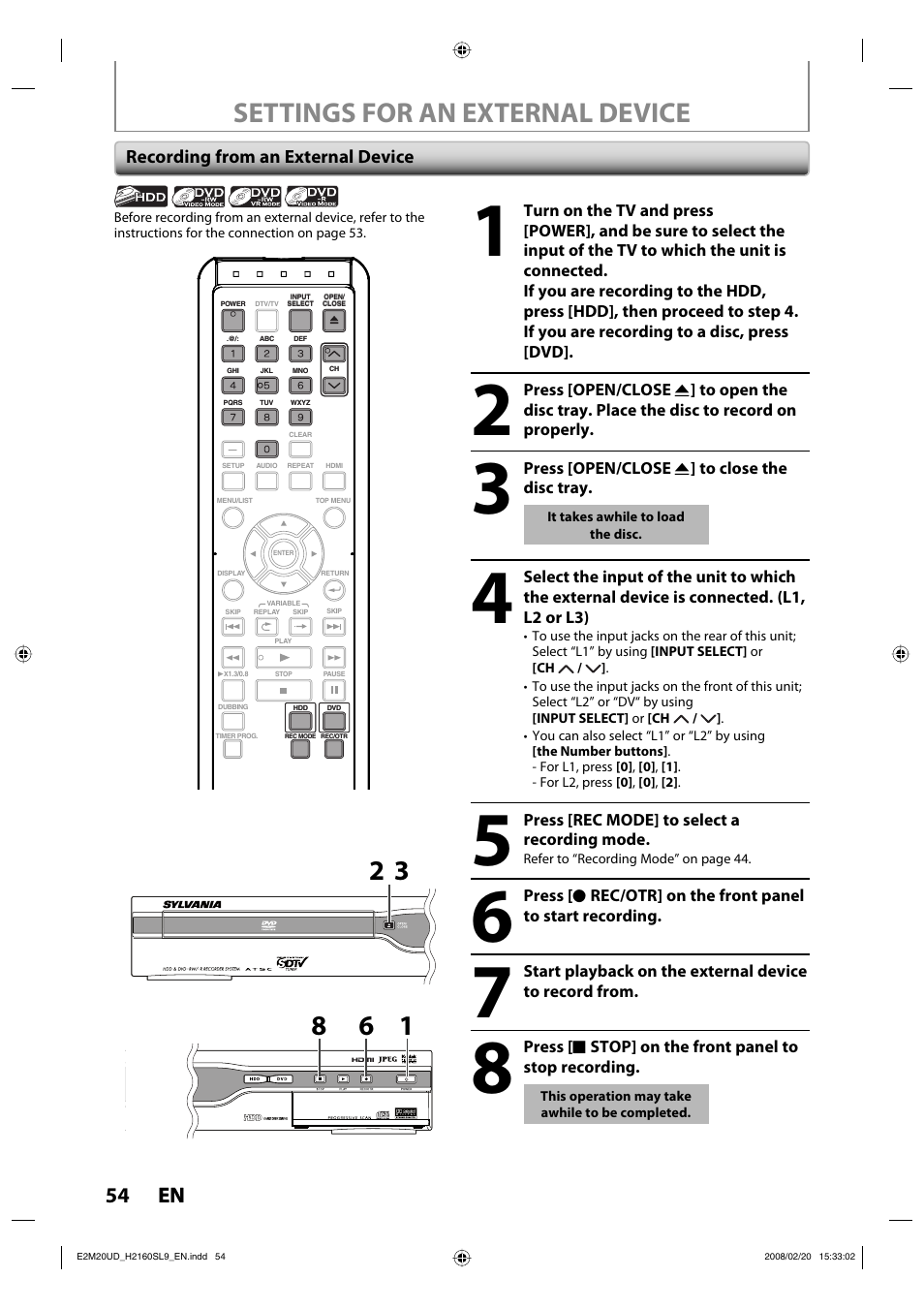 Settings for an external device, 54 en 54 en | Sylvania H2160SL9 User Manual | Page 56 / 120