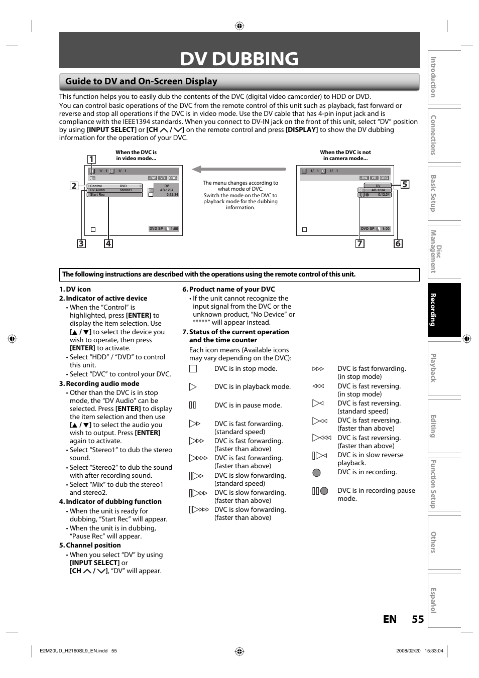 Dv dubbing, 55 en 55 en, Guide to dv and on-screen display | Sylvania H2160SL9 User Manual | Page 57 / 120