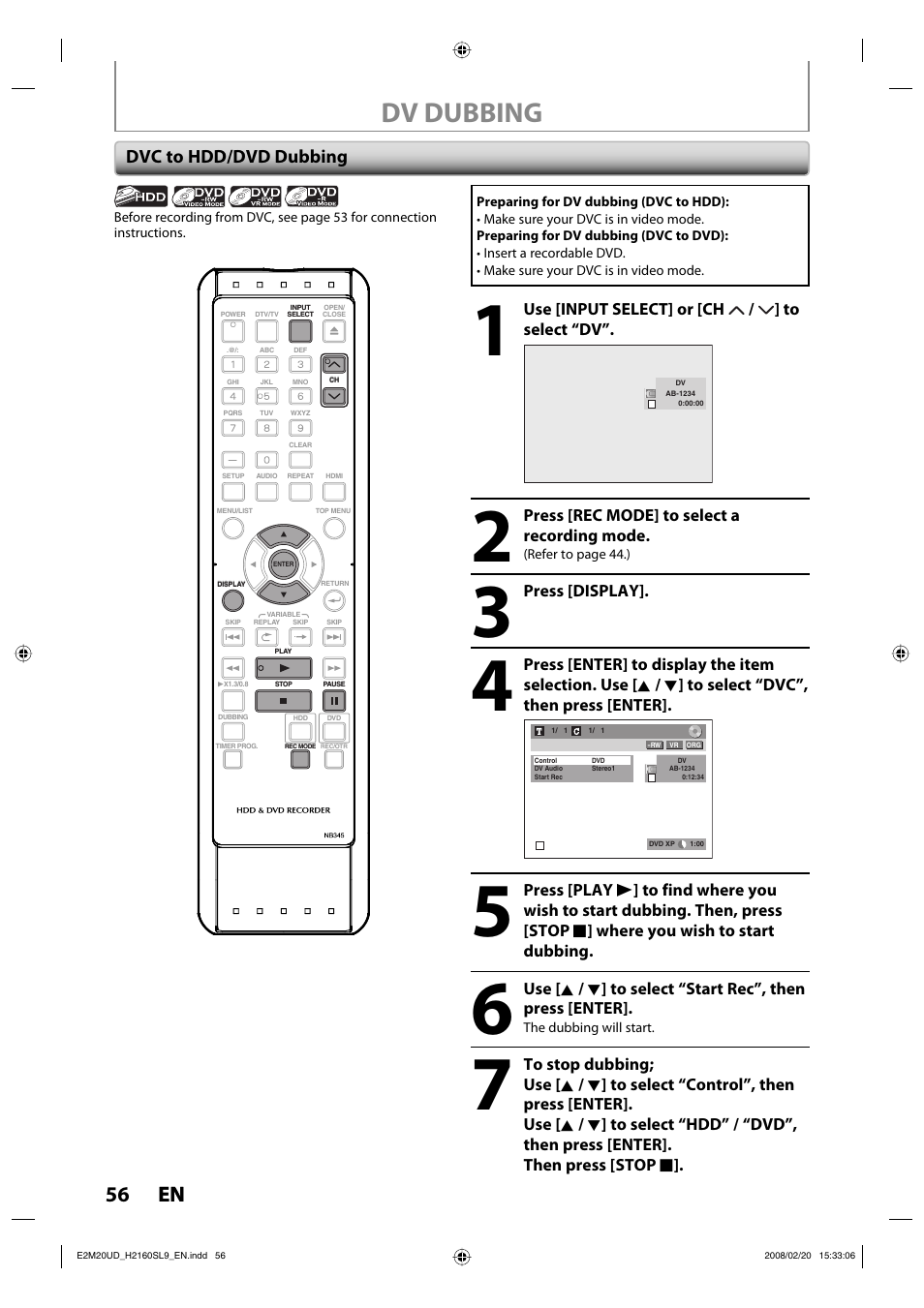 Dv dubbing, 56 en 56 en, Dvc to hdd/dvd dubbing | Sylvania H2160SL9 User Manual | Page 58 / 120