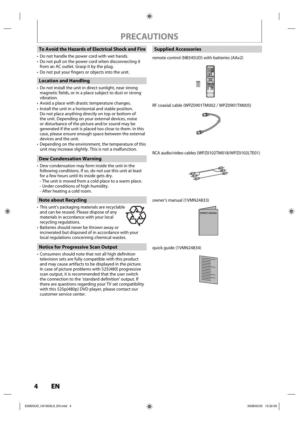 Precautions, 4en 4 en | Sylvania H2160SL9 User Manual | Page 6 / 120