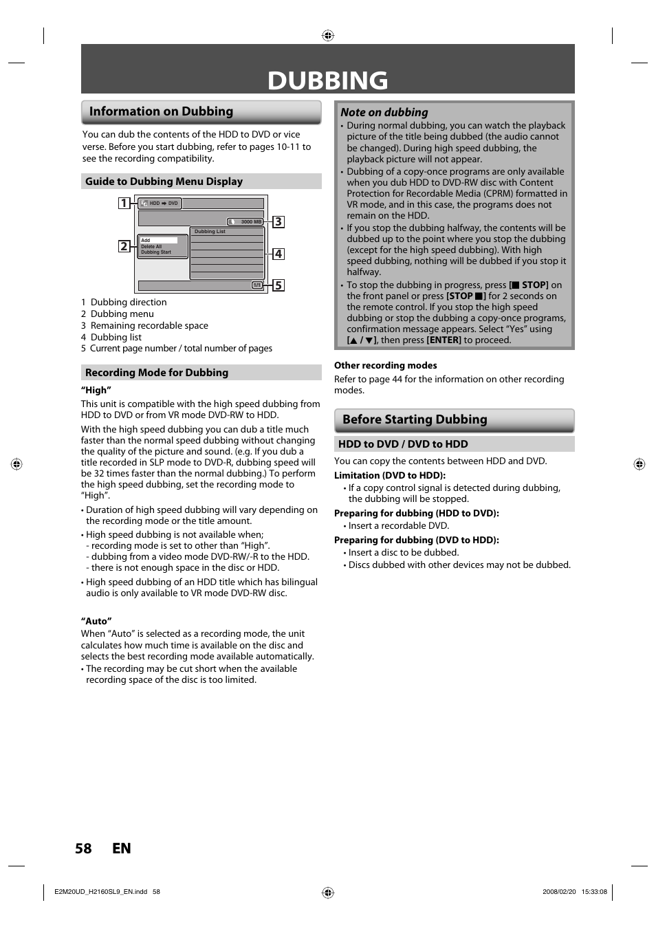 Dubbing, 58 en 58 en, Information on dubbing | Before starting dubbing | Sylvania H2160SL9 User Manual | Page 60 / 120
