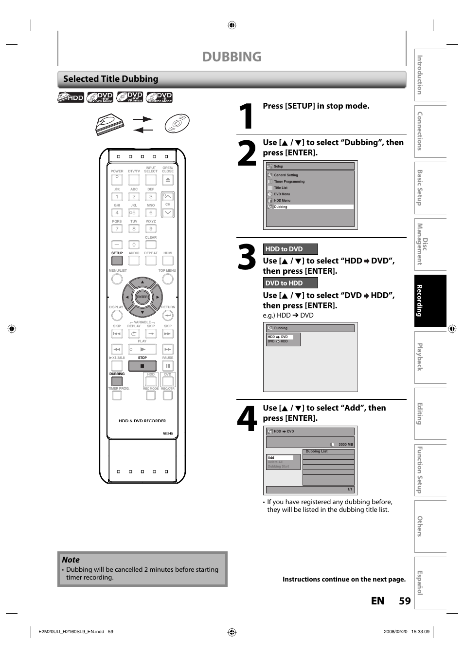 Dubbing, 59 en 59 en, Selected title dubbing | Press [setup] in stop mode, Use [ k / l ] to select “add”, then press [enter | Sylvania H2160SL9 User Manual | Page 61 / 120