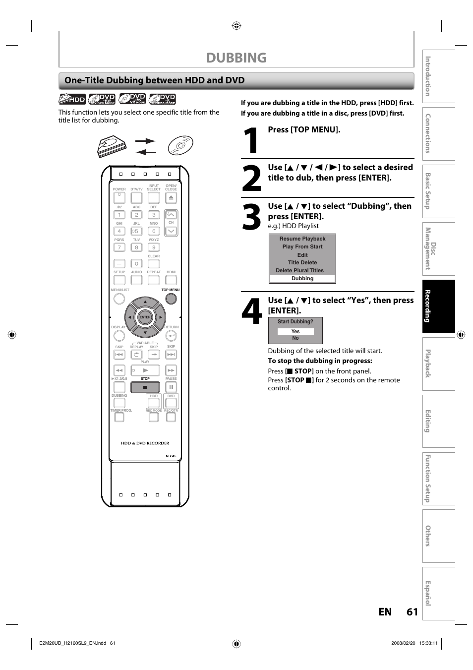 Dubbing, 61 en 61 en, One-title dubbing between hdd and dvd | Sylvania H2160SL9 User Manual | Page 63 / 120