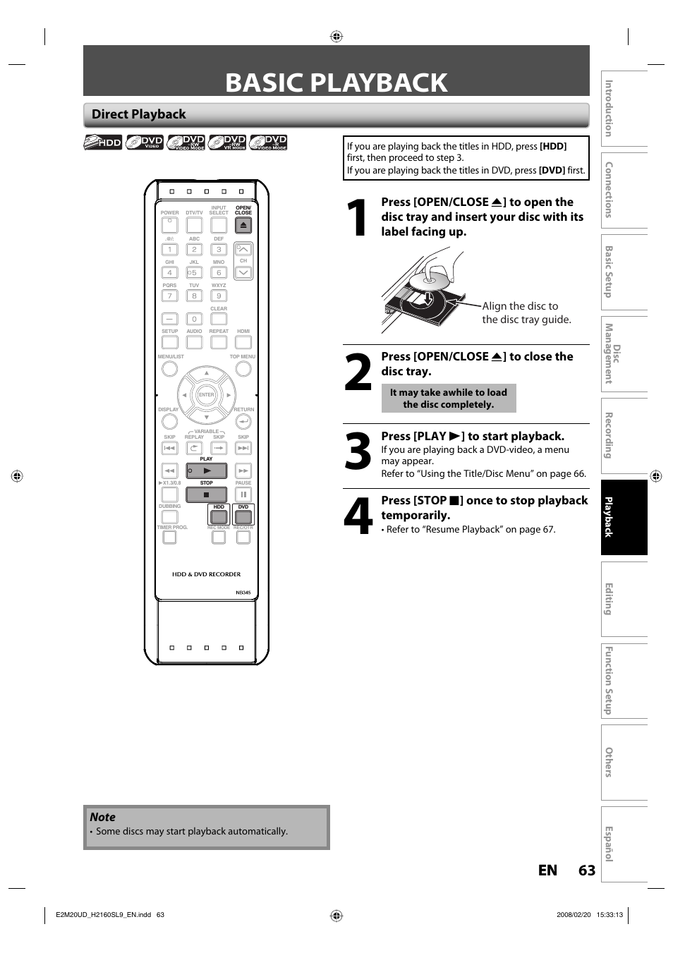 Basic playback, 63 en 63 en, Direct playback | Sylvania H2160SL9 User Manual | Page 65 / 120