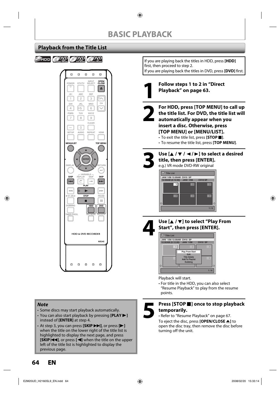 Basic playback, 64 en 64 en, Playback from the title list | Use [ k / l, Press [stop c ] once to stop playback temporarily | Sylvania H2160SL9 User Manual | Page 66 / 120