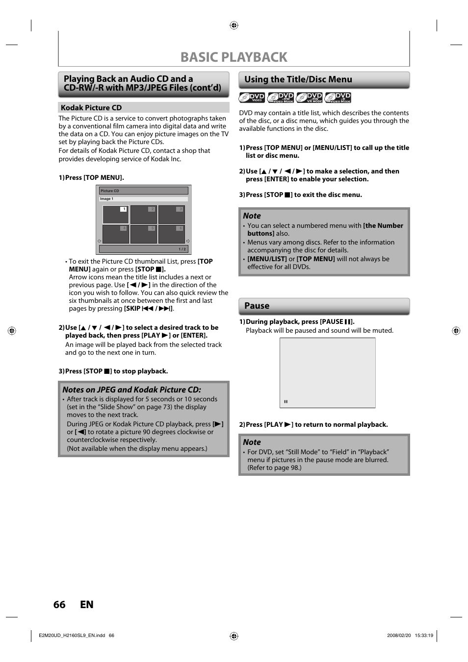 Basic playback, 66 en 66 en, Using the title/disc menu | Pause | Sylvania H2160SL9 User Manual | Page 68 / 120