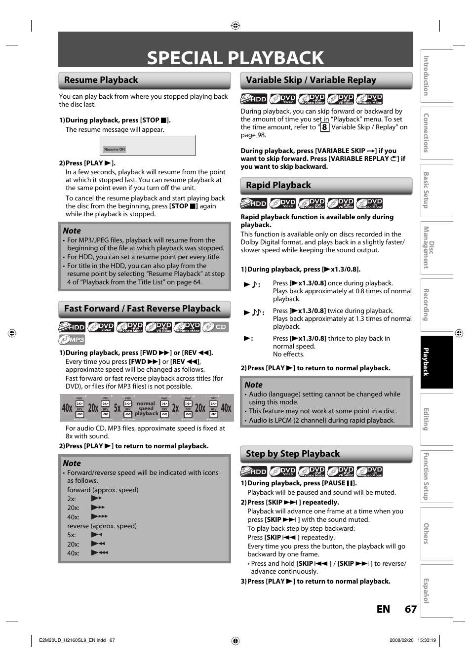 Special playback, 67 en 67 en, Resume playback | Fast forward / fast reverse playback, Rapid playback, Step by step playback, Variable skip / variable replay | Sylvania H2160SL9 User Manual | Page 69 / 120