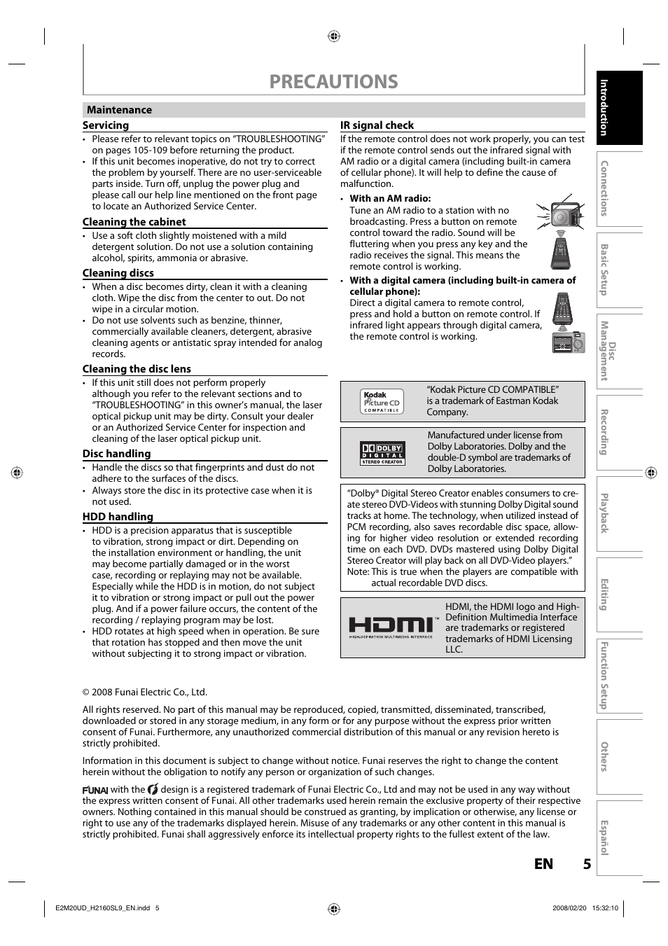 Precautions, 5en 5 en | Sylvania H2160SL9 User Manual | Page 7 / 120
