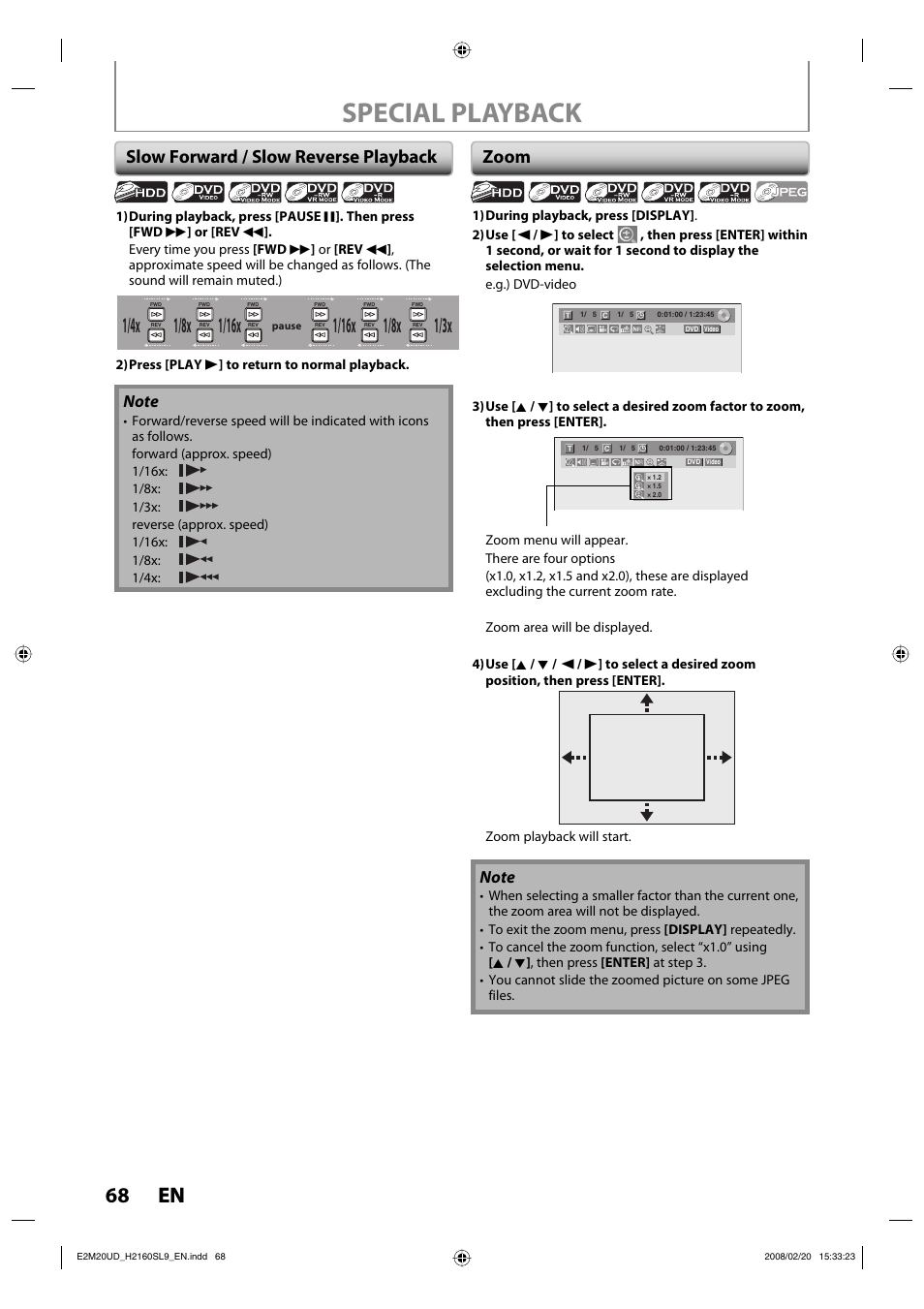 Special playback, 68 en 68 en, 1/8x | Slow forward / slow reverse playback, Zoom | Sylvania H2160SL9 User Manual | Page 70 / 120