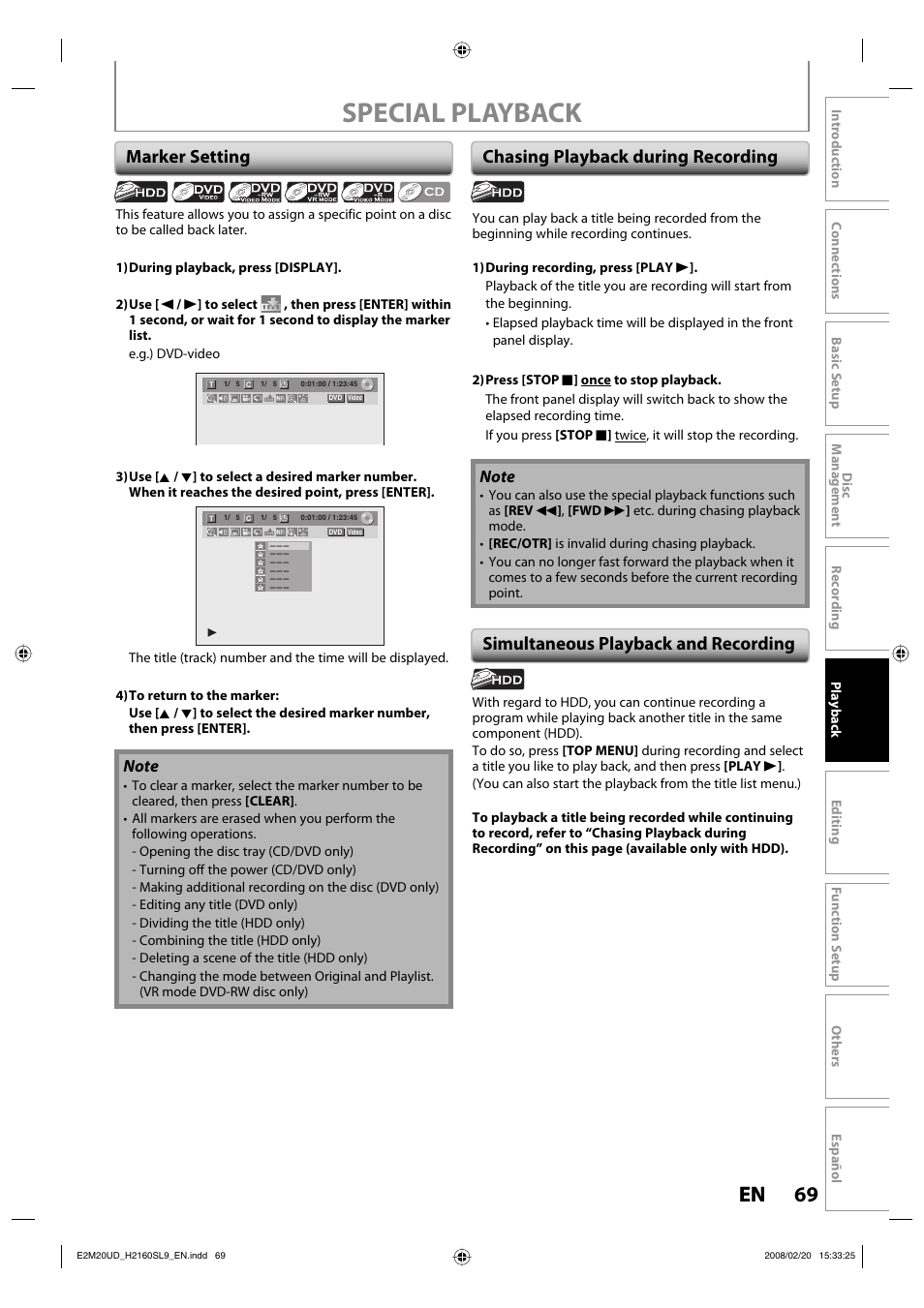 Special playback, 69 en 69 en, Marker setting | Chasing playback during recording, Simultaneous playback and recording | Sylvania H2160SL9 User Manual | Page 71 / 120