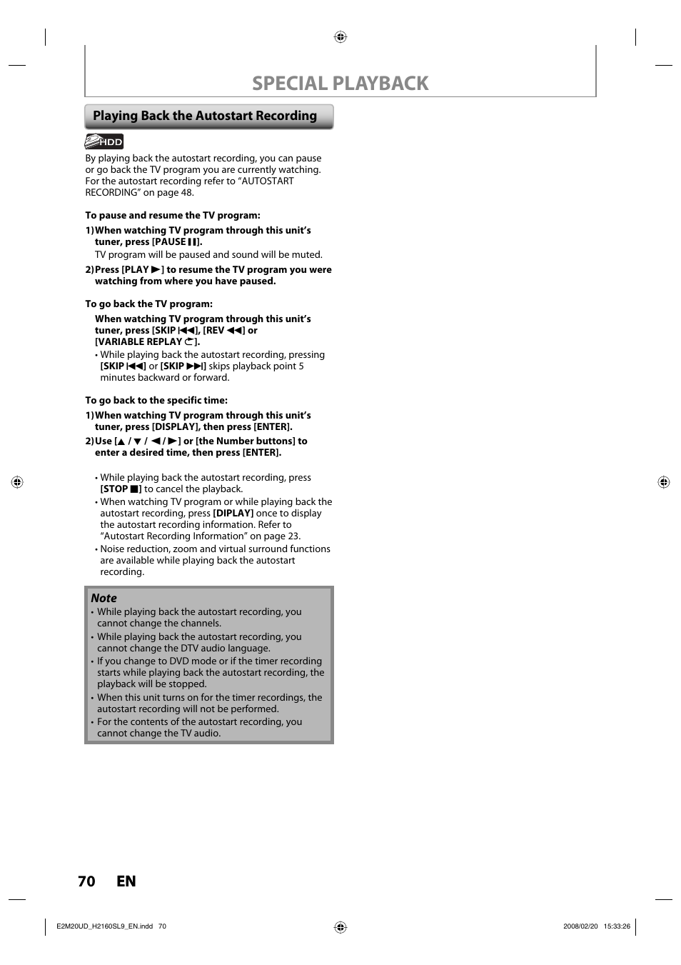 Special playback, 70 en 70 en, Playing back the autostart recording | Sylvania H2160SL9 User Manual | Page 72 / 120