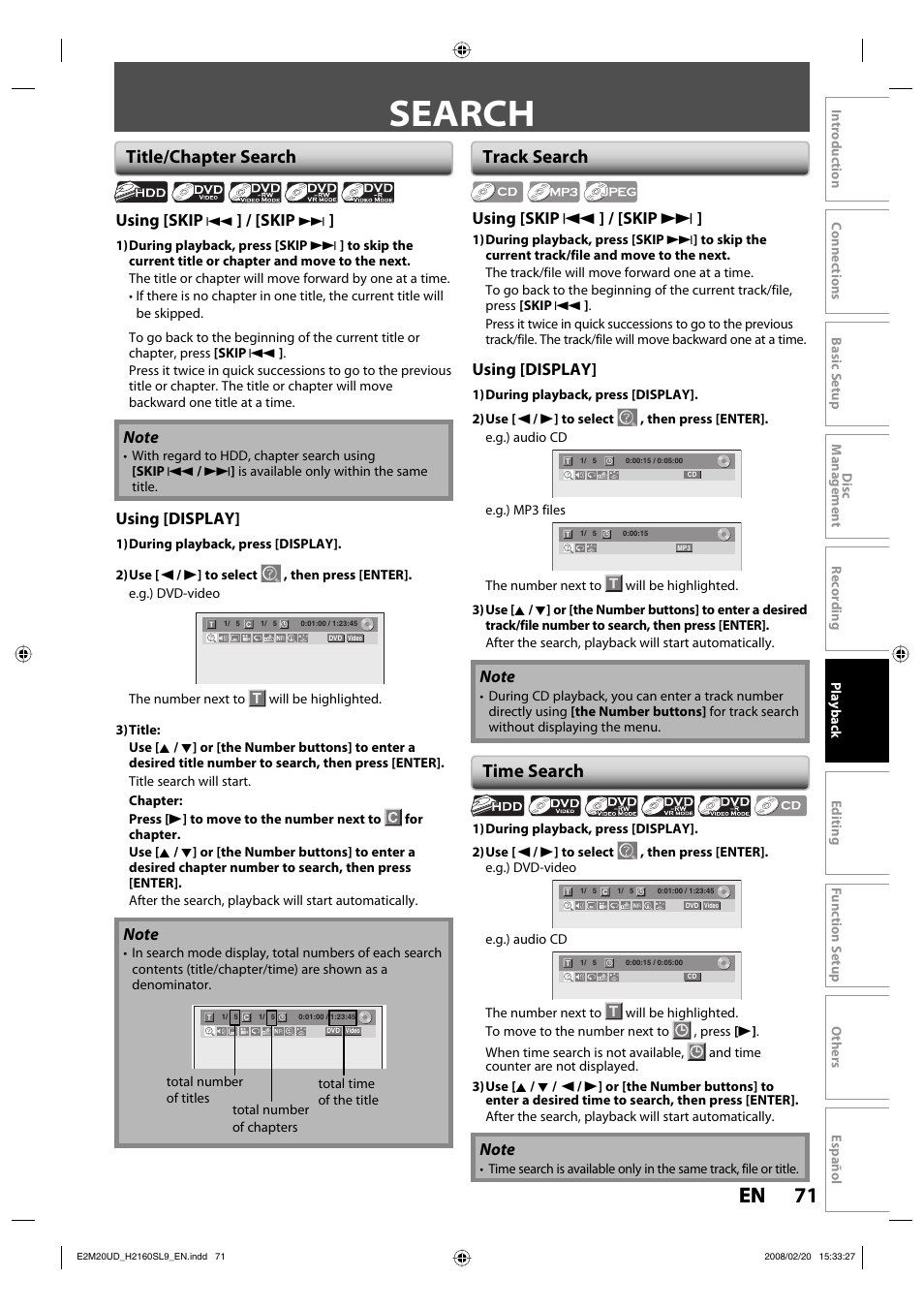 Search, 71 en 71 en, Title/chapter search | Track search, Time search | Sylvania H2160SL9 User Manual | Page 73 / 120