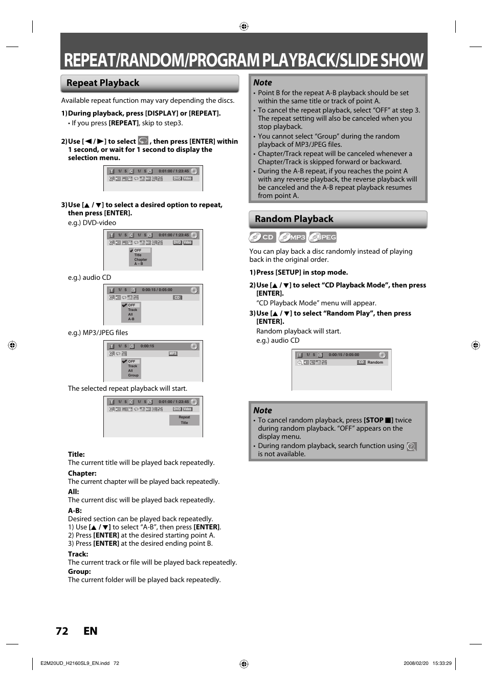 Repeat/random/program playback/slide show, 72 en 72 en, Repeat playback random playback | Sylvania H2160SL9 User Manual | Page 74 / 120