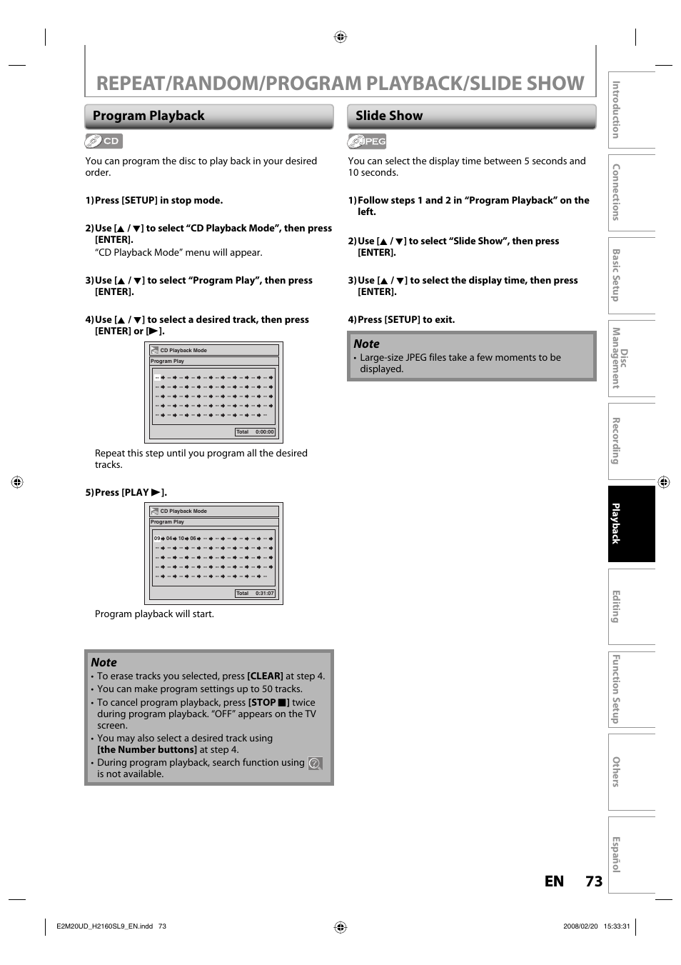 Repeat/random/program playback/slide show, 73 en 73 en, Program playback | Slide show, Program playback will start | Sylvania H2160SL9 User Manual | Page 75 / 120