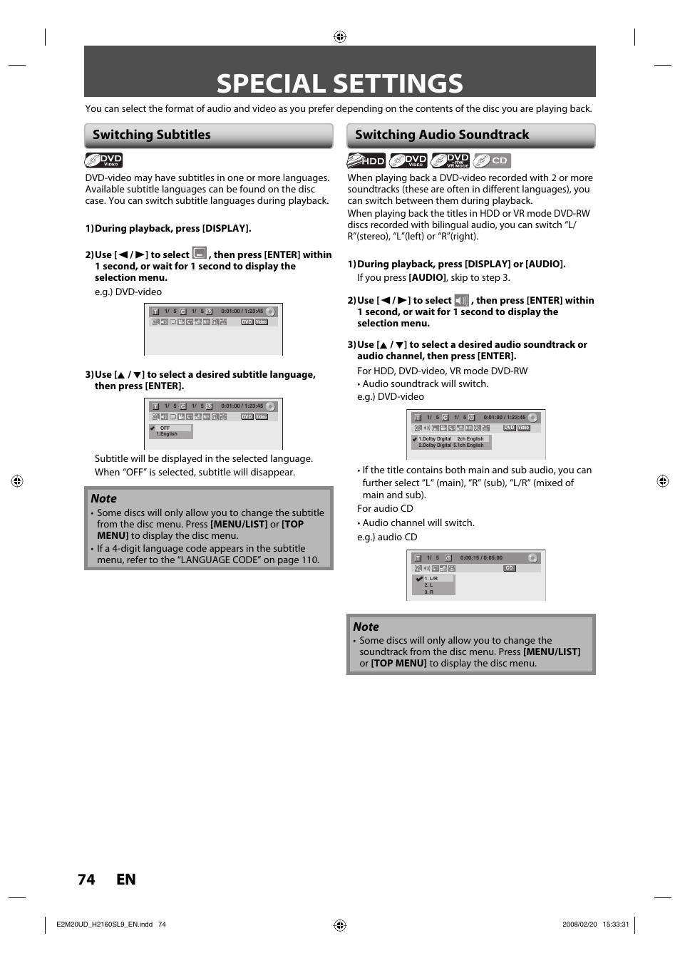 Special settings, 74 en 74 en, Switching subtitles | Switching audio soundtrack | Sylvania H2160SL9 User Manual | Page 76 / 120