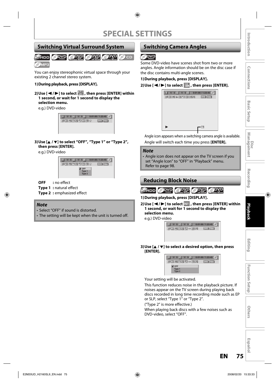 Special settings, 75 en 75 en, Switching virtual surround system | Switching camera angles reducing block noise | Sylvania H2160SL9 User Manual | Page 77 / 120