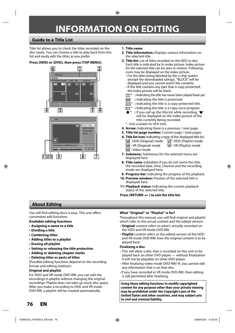 Information on editing, 76 en 76 en, Guide to a title list about editing | Sylvania H2160SL9 User Manual | Page 78 / 120