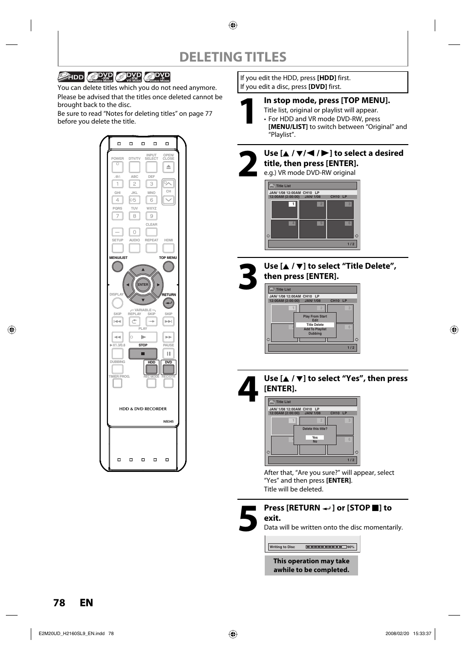 Deleting titles, 78 en 78 en, Use [ k / l ] to select “yes”, then press [enter | Press [return ] or [stop c ] to exit | Sylvania H2160SL9 User Manual | Page 80 / 120