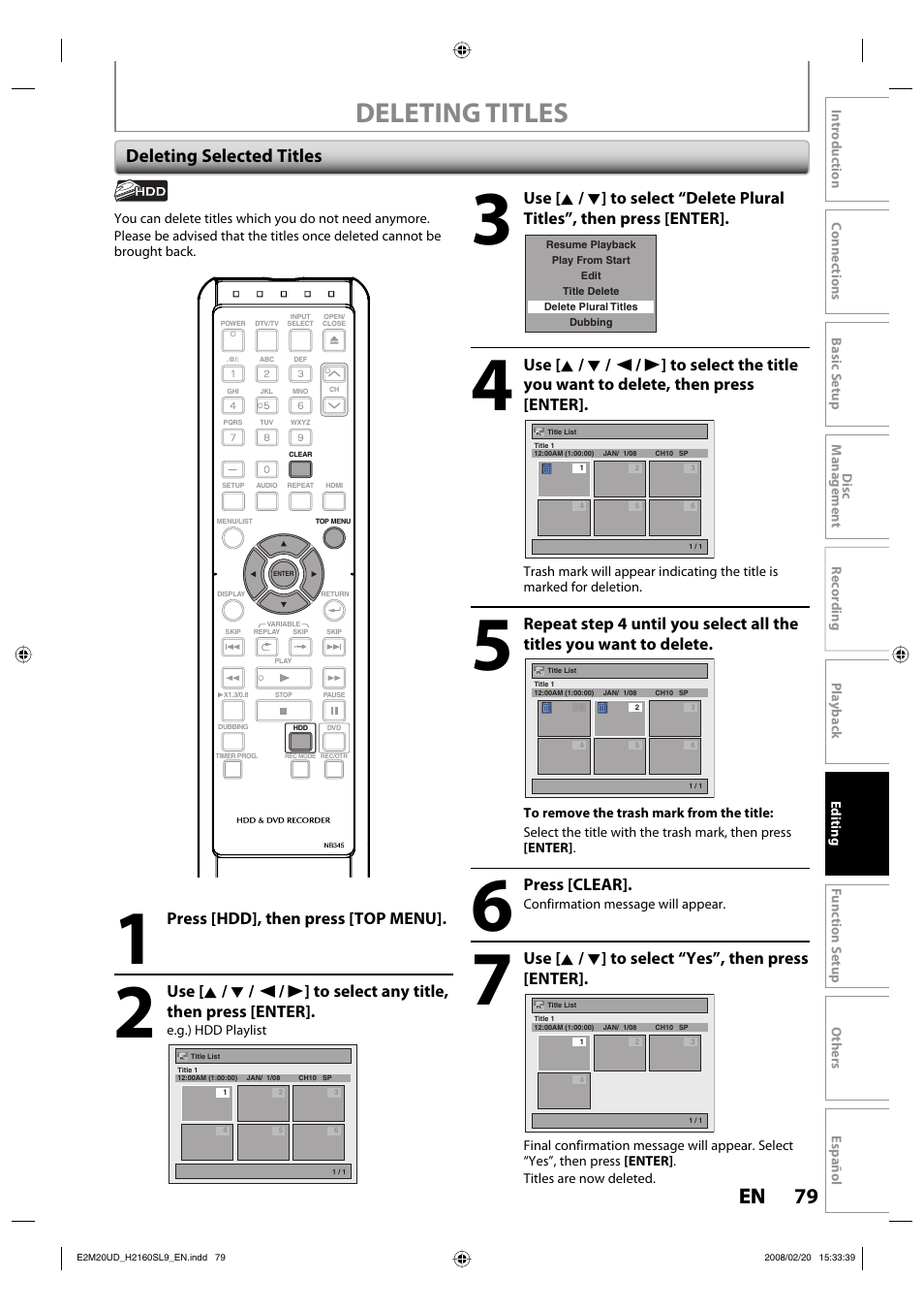 Deleting titles, 79 en 79 en, Deleting selected titles | Press [clear, Use [ k / l ] to select “yes”, then press [enter, Press [hdd], then press [top menu | Sylvania H2160SL9 User Manual | Page 81 / 120