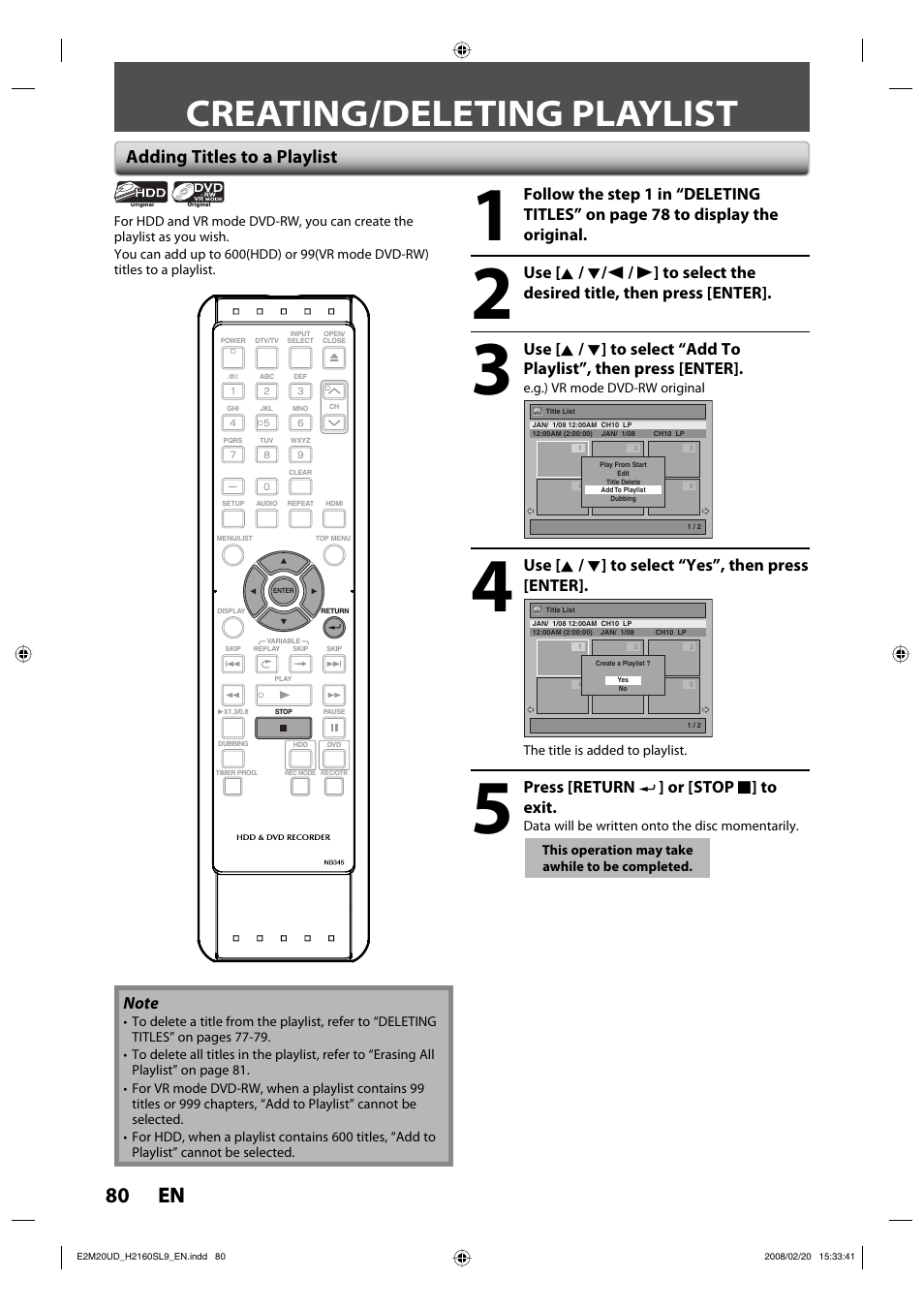 Creating/deleting playlist, 80 en 80 en, Adding titles to a playlist | Use [ k / l ] to select “yes”, then press [enter, Press [return ] or [stop c ] to exit | Sylvania H2160SL9 User Manual | Page 82 / 120