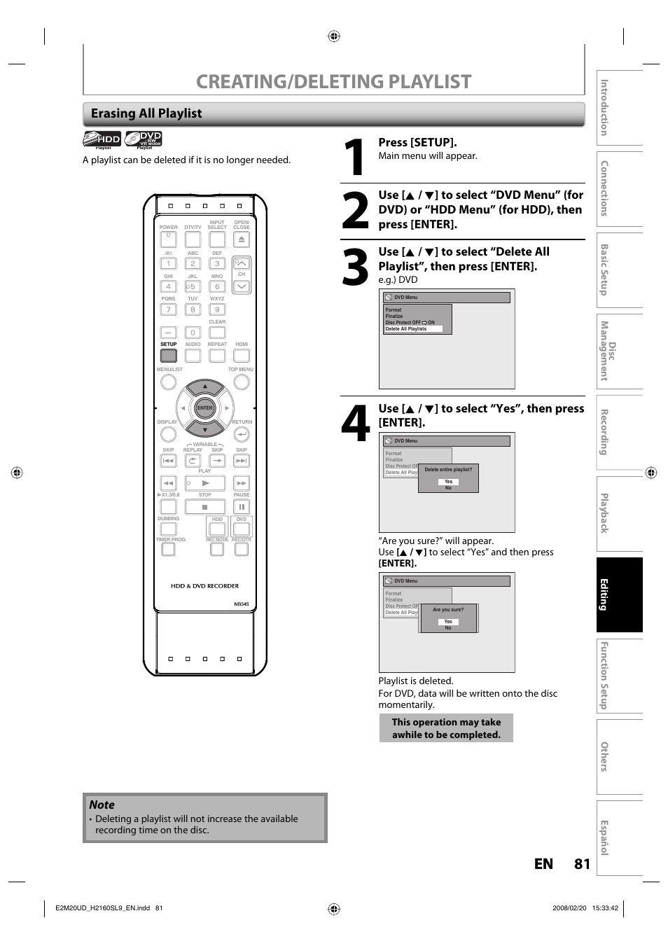 Creating/deleting playlist, 81 en 81 en, Erasing all playlist | Press [setup, Use [ k / l ] to select “yes”, then press [enter | Sylvania H2160SL9 User Manual | Page 83 / 120