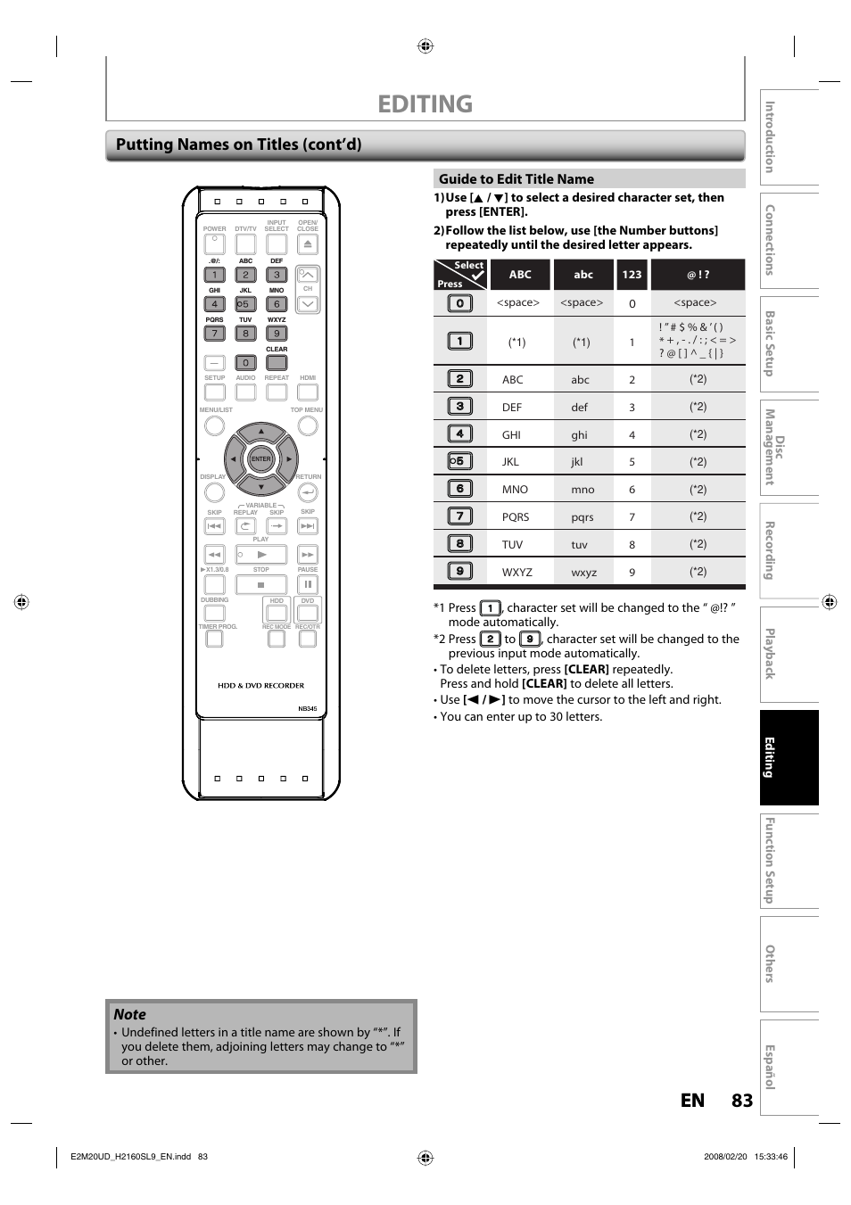 Editing, 83 en 83 en, Putting names on titles (cont’d) | Guide to edit title name | Sylvania H2160SL9 User Manual | Page 85 / 120