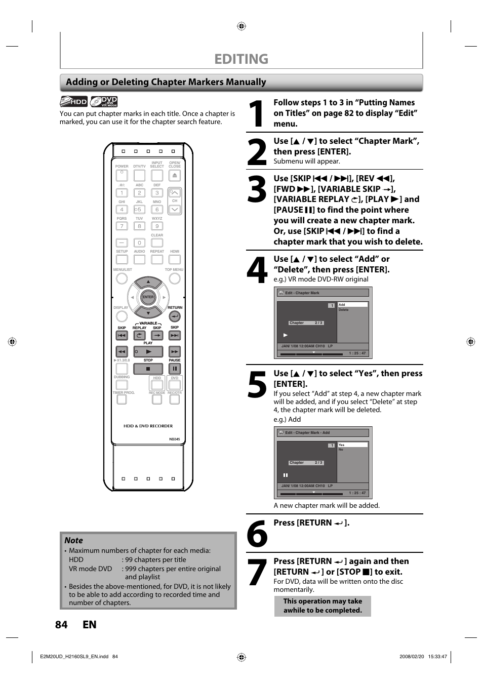 Editing, 84 en 84 en, Adding or deleting chapter markers manually | Sylvania H2160SL9 User Manual | Page 86 / 120