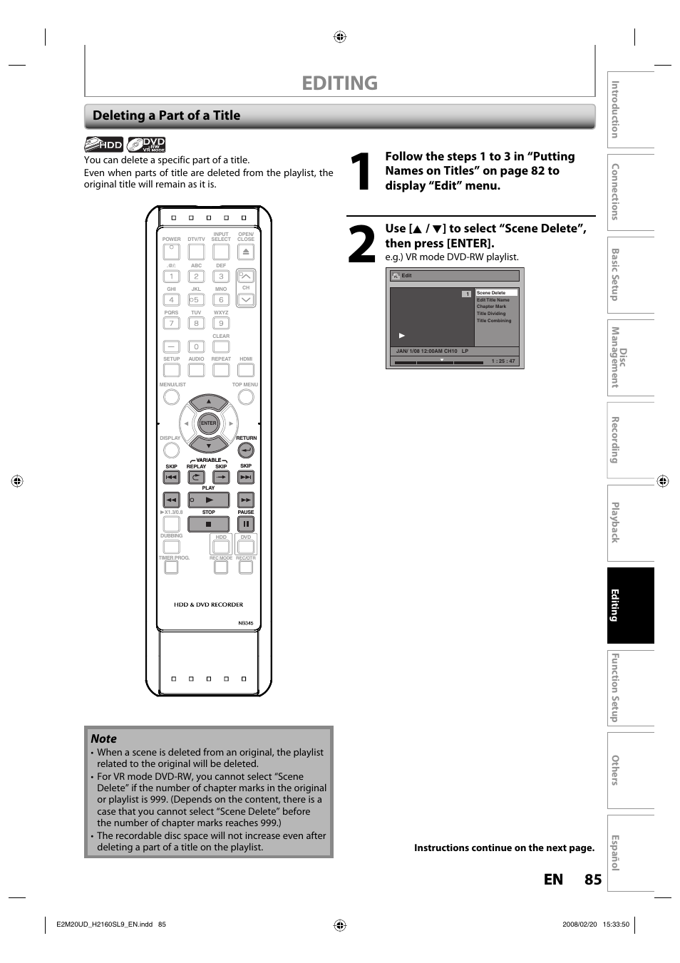 Editing, 85 en 85 en, Deleting a part of a title | Sylvania H2160SL9 User Manual | Page 87 / 120